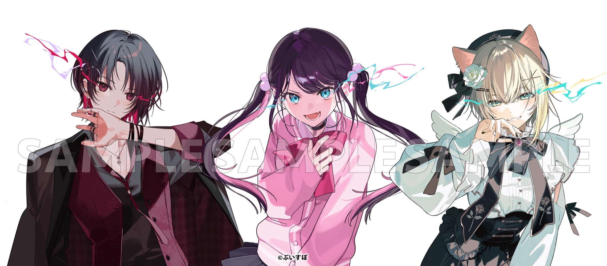 itefu, kaga nazuna, kisaragi ren (vtuber), kurumi noah, vspo!, highres, official art, 3girls, animal ears, black hair, black jacket, black vest, blonde hair, blue eyes, bow, cardigan, cat ears, collared shirt, colored inner hair, hair ornament, hat, jacket, jacket on shoulders, jewelry, long hair, long sleeves, multicolored hair, multiple girls, red eyes, sample watermark, shirt, skirt, smile, twintails, vest, virtual youtuber, watermark, white background, white shirt, x hair ornament