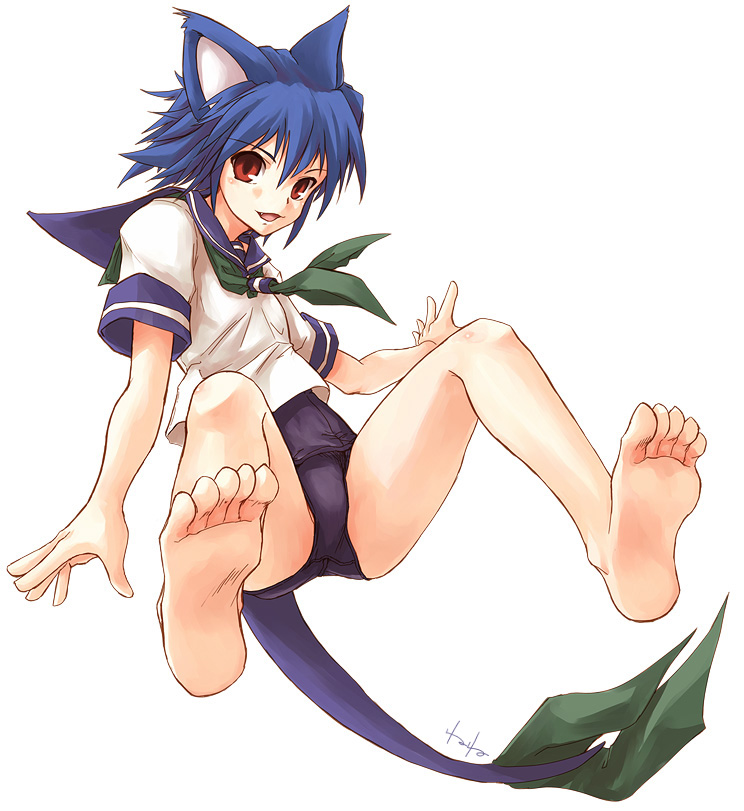 akiyama nenehisa, 1girl, animal ears, barefoot, black one-piece swimsuit, cat ears, cat tail, feet, female focus, foot focus, foreshortening, no pants, one-piece swimsuit, red eyes, school swimsuit, school uniform, serafuku, soles, solo, swimsuit, swimsuit under clothes, tail, toes