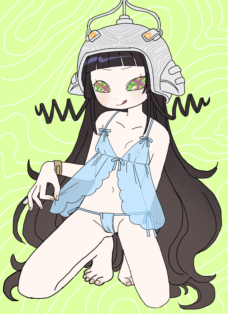 ikuta semi, original, 1girl, barefoot, blunt bangs, blush, cameltoe, fingernails, flat chest, glasses, helmet, lingerie, long hair, pale skin, solo, toes, underwear