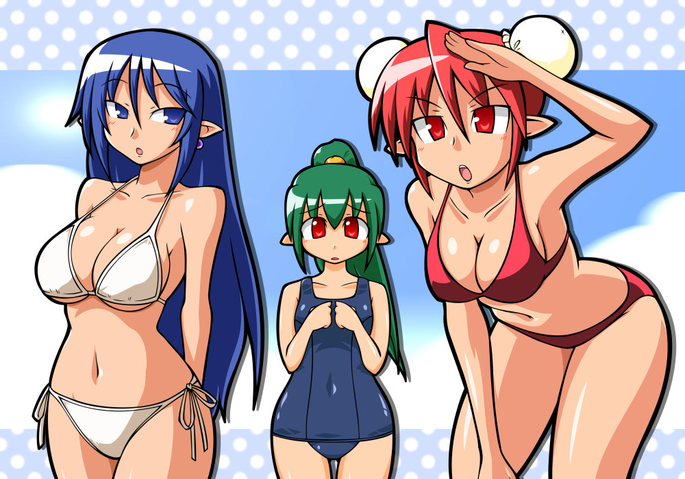 chiki (chikibw), 3girls, bent over, bikini, blue eyes, blue hair, breast envy, breasts, covered navel, elf, green hair, large breasts, multiple girls, navel, one-piece swimsuit, open mouth, pointy ears, red eyes, red hair, school swimsuit, side-tie bikini bottom, swimsuit