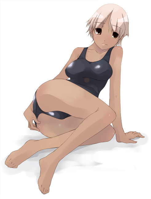 aka ume, 1girl, barefoot, black one-piece swimsuit, dark-skinned female, dark skin, feet, female focus, lying, one-piece swimsuit, school swimsuit, solo, swimsuit