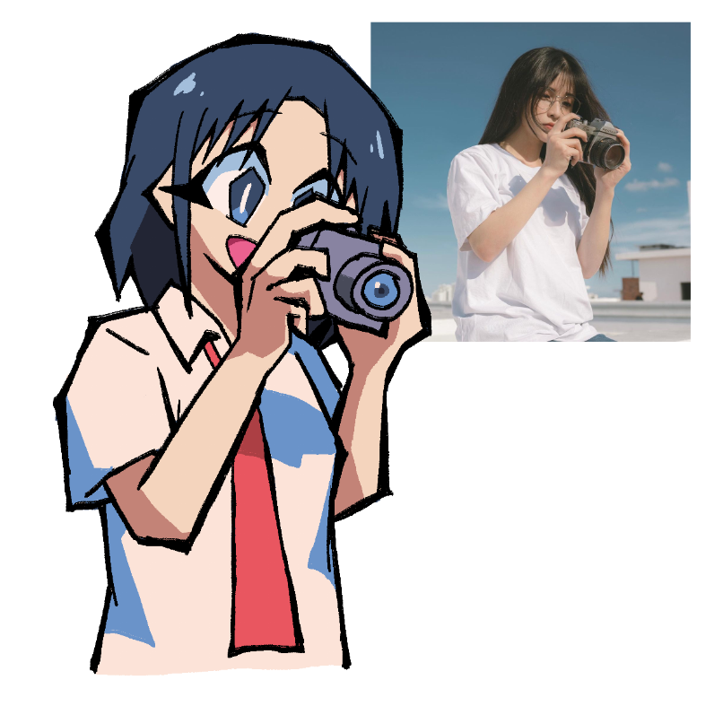 seisyun c0mplex, izumi wako, city (arawi keiichi), photo-referenced, 1girl, :d, black hair, blue eyes, camera, collared shirt, cropped torso, holding, holding camera, necktie, open mouth, photo inset, red necktie, shadow, shirt, short hair, simple background, smile, white background, white shirt