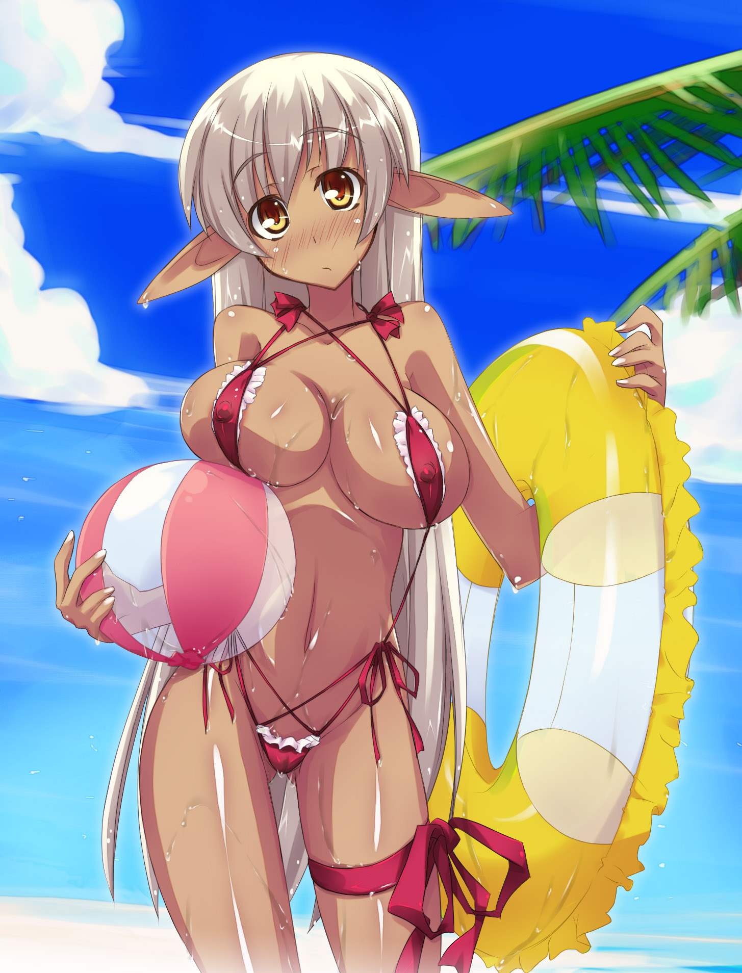 shimakaze (soundz of bell), original, highres, 1girl, ball, beach, beachball, bikini, blush, breasts, cameltoe, cloud, covered erect nipples, dark-skinned female, dark elf, dark skin, elf, female focus, holding, holding swim ring, innertube, large breasts, leg ribbon, long hair, one-piece swimsuit, palm tree, pointy ears, red one-piece swimsuit, ribbon, slingshot swimsuit, solo, string bikini, swim ring, swimsuit, thigh ribbon, tree, very long hair, wet