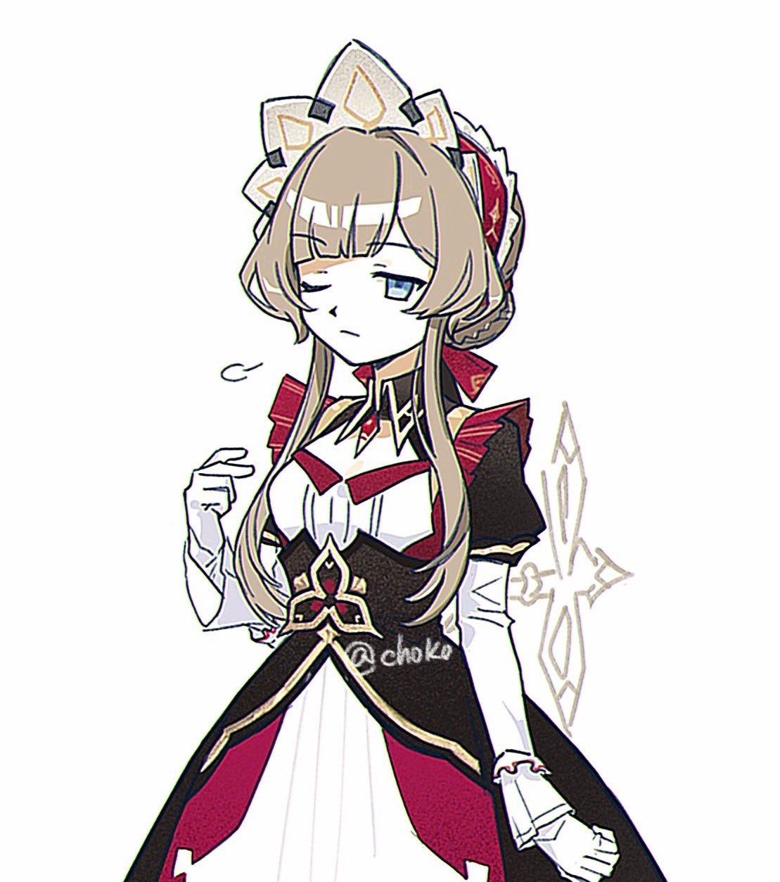 cho kooooo, sandrone (genshin impact), genshin impact, highres, 1girl, black dress, blue eyes, breasts, brown hair, cleavage cutout, clothing cutout, dress, long bangs, maid headdress, medium breasts, one eye closed, solo, twitter username