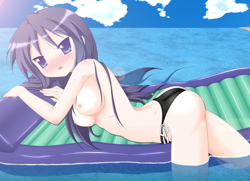 rodori gesu, hiiragi miki, lucky star, 00s, 1girl, bikini, bikini bottom only, black bikini, blush, breasts, day, female focus, medium breasts, nipples, side-tie bikini bottom, solo, swimsuit, tioless, topless female