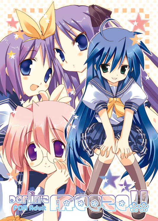 takanae kyourin, hiiragi kagami, hiiragi tsukasa, izumi konata, takara miyuki, lucky star, brown legwear, 00s, 4girls, ahoge, blue eyes, blue hair, blue skirt, full body, glasses, kneehighs, long hair, looking at viewer, mole, mole under eye, multiple girls, pink hair, plaid clothes, plaid skirt, pleated skirt, purple eyes, purple hair, rimless eyewear, sailor collar, school uniform, serafuku, short hair, siblings, simple background, sisters, skirt, socks, twins, twintails, very long hair, white background