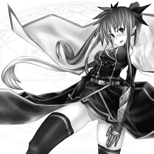tobimaru, fate testarossa, fate testarossa (impulse form), lyrical nanoha, mahou shoujo lyrical nanoha, mahou shoujo lyrical nanoha strikers, lowres, 00s, 1girl, female focus, greyscale, monochrome, solo, thighhighs, zettai ryouiki
