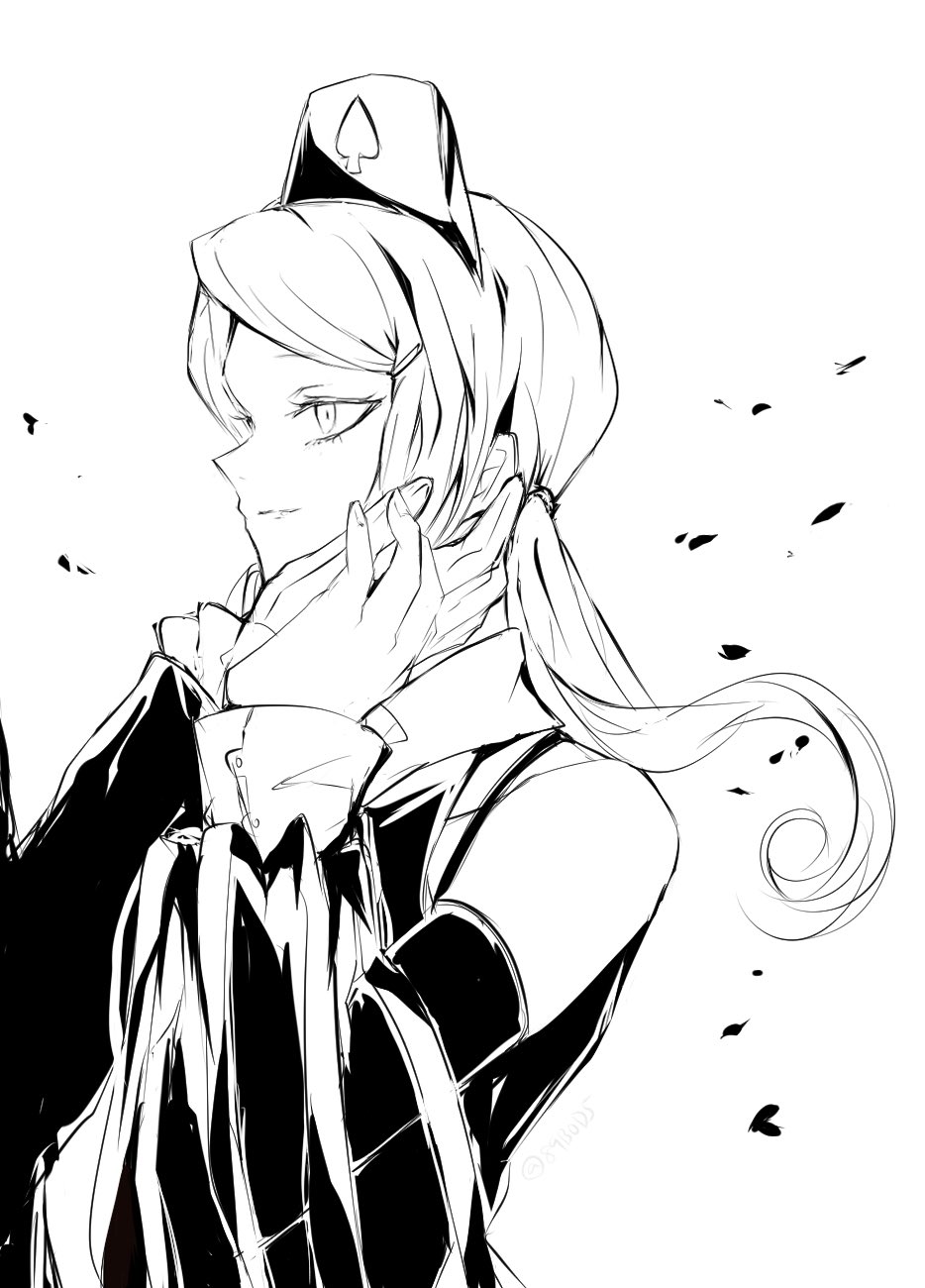 sodamachi, arystar krory, eliade, d.gray-man, highres, 1boy, 1girl, bare shoulders, black dress, black headdress, bra strap, collarbone, collared dress, detached sleeves, dress, facing to the side, falling petals, floating hair, gloves, greyscale, hair ornament, hair ribbon, hairclip, hand on another's face, hand on another's hand, headdress, jacket, light smile, long hair, looking to the side, mature female, mature male, monochrome, petals, profile, ribbon, shirt, sidelocks, simple background, sleeveless, sleeveless dress, twintails, white background, wrist cuffs