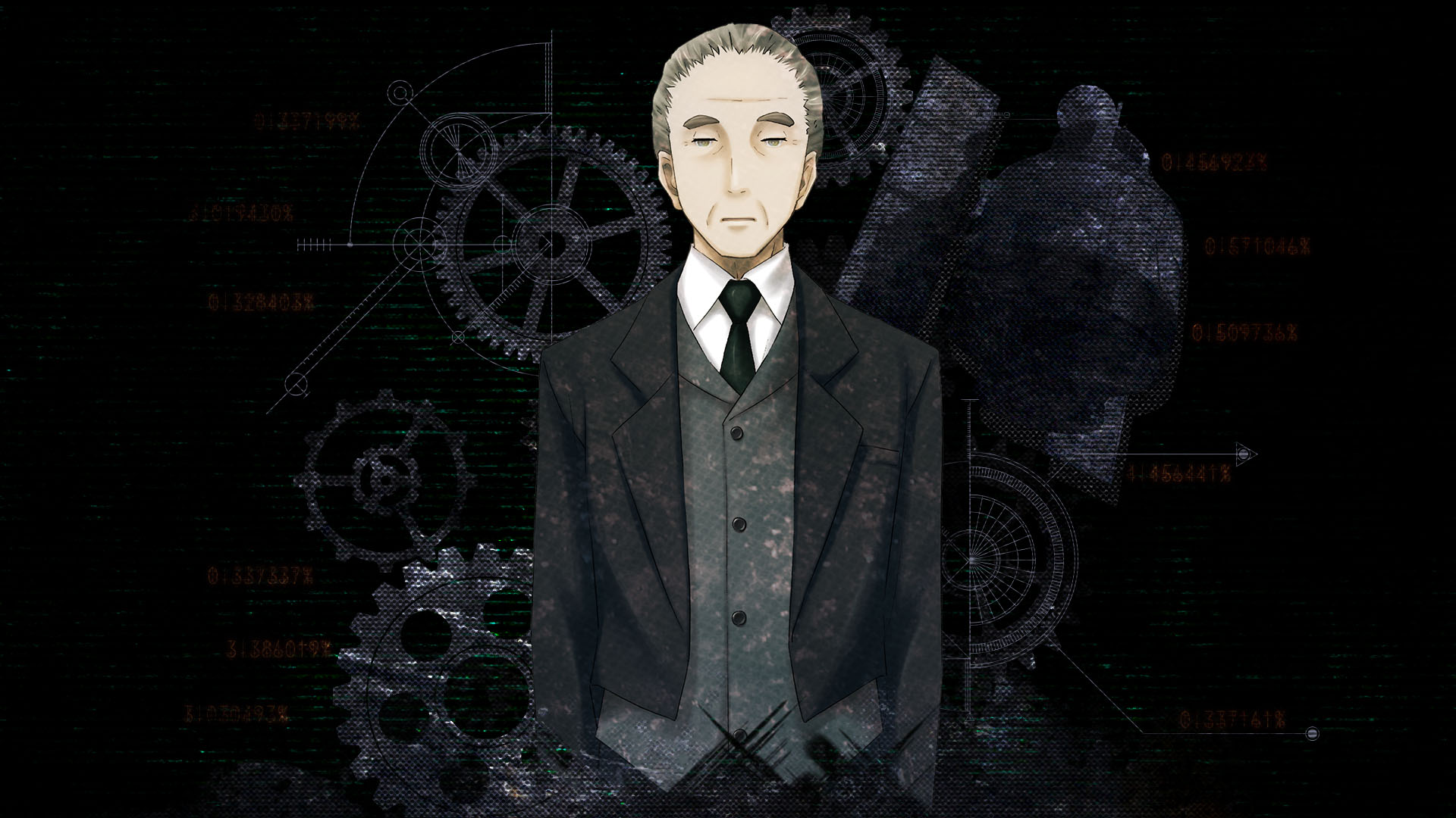 huke, science adventure, steins;gate, steins;gate: linear bounded phenogram, game cg, highres, official art, official wallpaper, 1boy, butler, formal clothes, kuroki (steins;gate), male focus, necktie, old, old man, ringed eyes, shirt, solo, suit, white hair, wrinkled skin