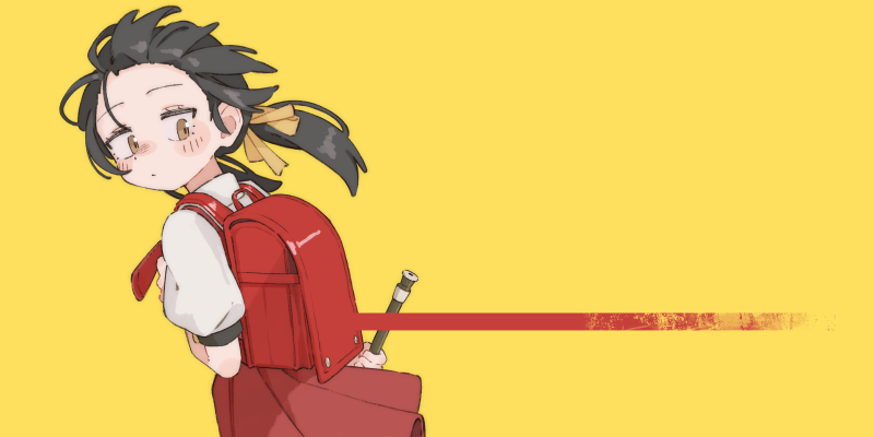 nanoni!, kaai yuki, vocaloid, 1girl, backpack, bag, black hair, blush stickers, brown eyes, closed mouth, cowboy shot, flute, holding, holding flute, holding instrument, instrument, long hair, looking back, pleated skirt, randoseru, red bag, red skirt, shirt, short sleeves, simple background, skirt, solo, white shirt
