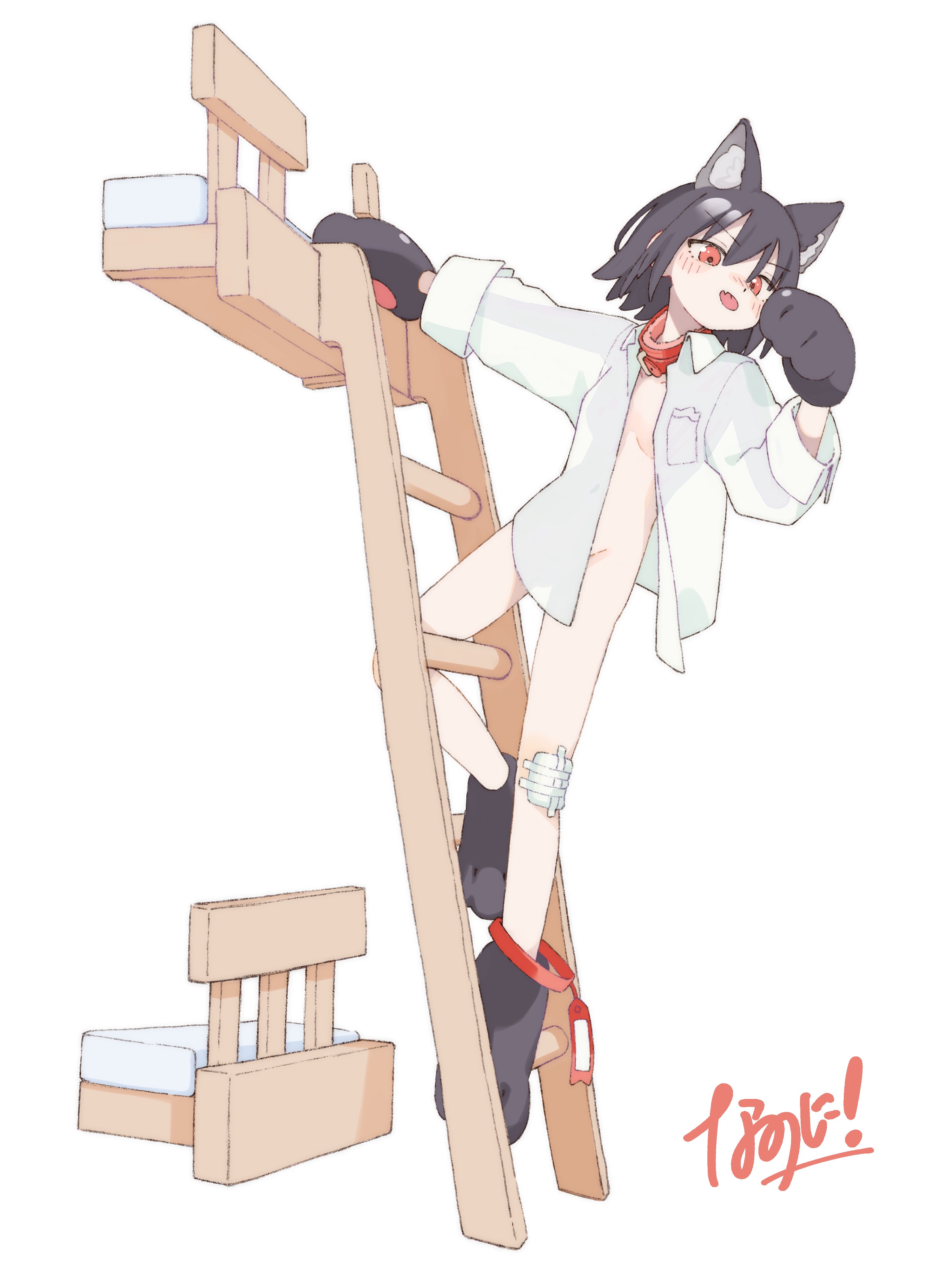 nanoni!, original, absurdres, highres, 1girl, animal ear fluff, animal ears, animal hands, bed, blush, bunk bed, cat ears, cat girl, cat paws, closed mouth, collared shirt, full body, ladder, long sleeves, looking at viewer, naked shirt, open clothes, open shirt, paw shoes, red eyes, shirt, short sleeves, signature, simple background, solo, tongue, tongue out, white background, white shirt