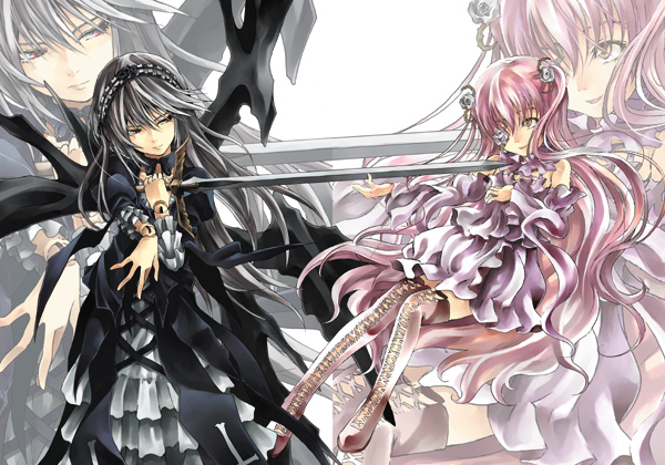 raid slash, kirakishou, suigintou, rozen maiden, 00s, 2girls, aiming, black hair, black wings, boots, bow, bowtie, brown eyes, closed mouth, cross-laced clothes, detached sleeves, doll joints, dress, flower, flower eyepatch, frills, hair flower, hair ornament, hairband, holding, holding sword, holding weapon, joints, lace-up boots, light frown, long hair, long sleeves, looking at another, looking to the side, multiple girls, outstretched arm, pink hair, reaching, red eyes, skirt, skirt set, smile, string, string of fate, sword, thigh boots, thighhighs, two side up, very long hair, weapon, white background, wings, zoom layer