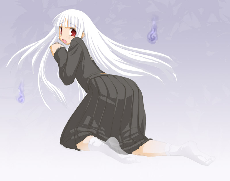kasuga yukihito, aisaka sayo, mahou sensei negima!, 00s, 1girl, female focus, hitodama, kneeling, long hair, red eyes, school uniform, serafuku, solo, white hair