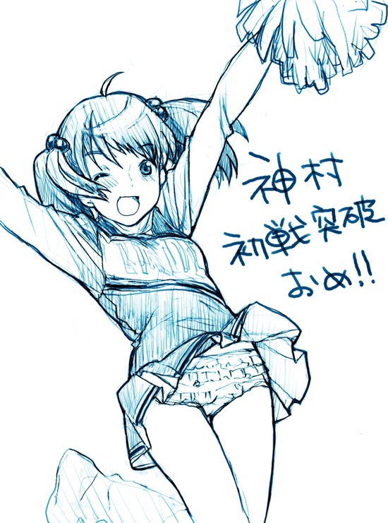nekomata naomi, original, 1girl, cheerleader, female focus, frilled panties, frills, monochrome, one eye closed, panties, pom pom (cheerleading), sketch, solo, underwear, wind, wind lift, wink