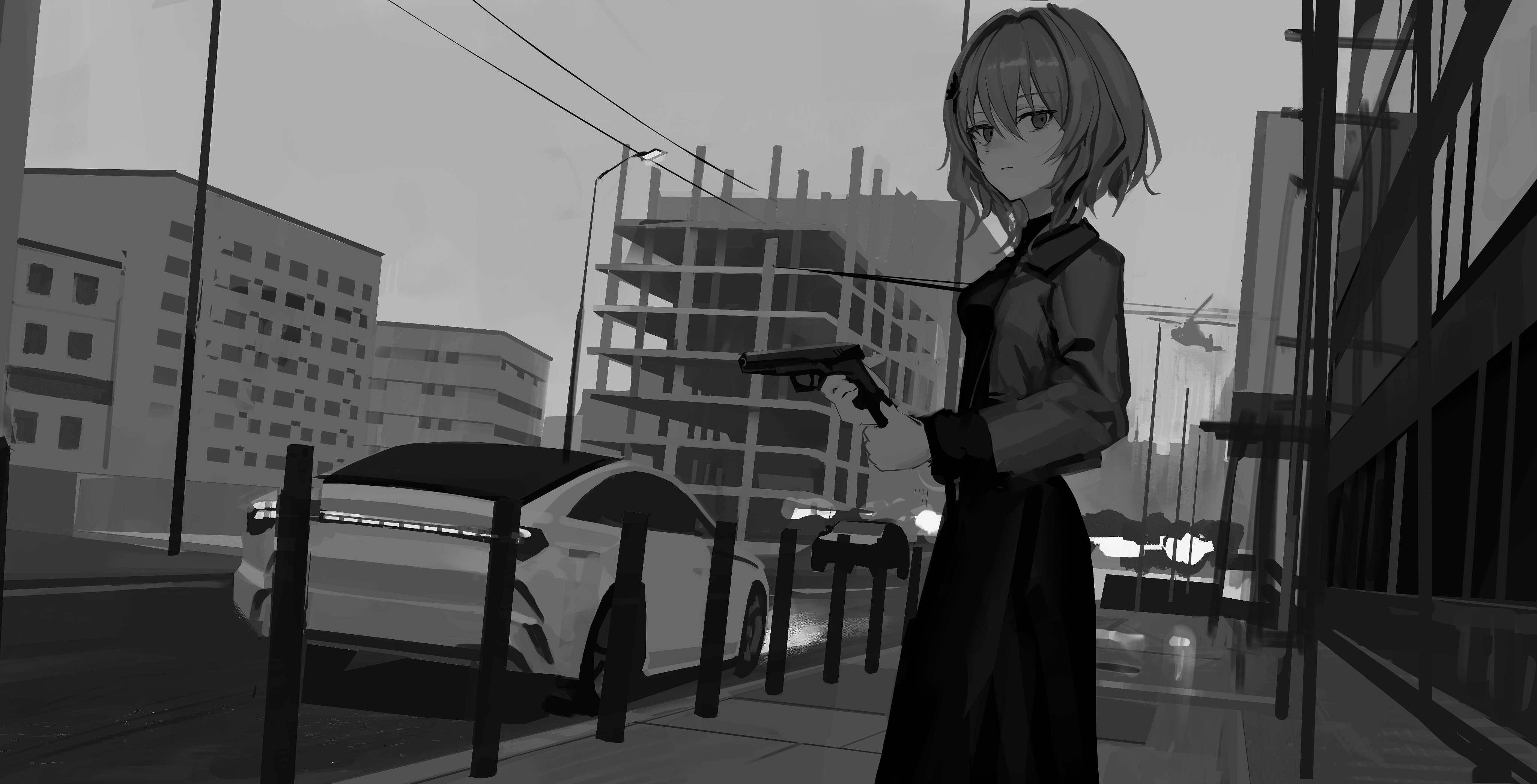 orval, absurdres, highres, 1girl, building, car, city, closed mouth, day, dress, dutch angle, expressionless, feet out of frame, from side, greyscale, gun, handgun, holding, holding gun, holding weapon, ikonu (lavender quartz), jacket, lavender quartz, lavender quartz: kyoukai hyoudou, long sleeves, looking at viewer, looking to the side, makarov pm, monochrome, motor vehicle, open clothes, open jacket, outdoors, power lines, reloading, road, scaffolding, short hair, solo, standing, street, urban, weapon