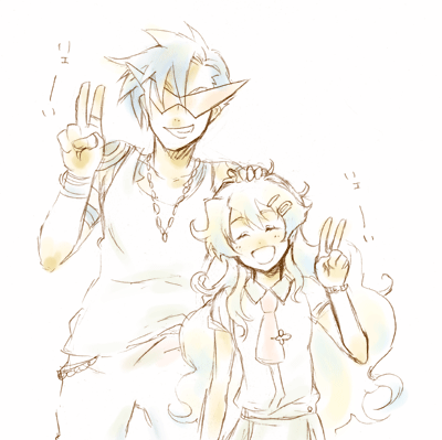 kamina (ttgl), nia teppelin, tengen toppa gurren lagann, ^o^, lowres, 00s, 1boy, 1girl, ^ ^, closed eyes, collarbone, curly hair, dress, goggles, goggles on head, headpat, height difference, looking at viewer, monochrome, necktie, puffy short sleeves, puffy sleeves, short sleeves, simple background, sketch, v, white background, yellow theme
