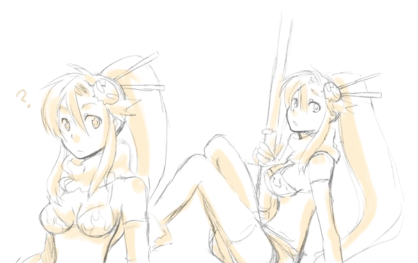 yoko littner, tengen toppa gurren lagann, 00s, 1girl, anti-materiel rifle, bikini, bikini top only, gun, monochrome, multiple views, rifle, short shorts, shorts, sketch, sniper rifle, swimsuit, thighhighs, weapon, yellow theme
