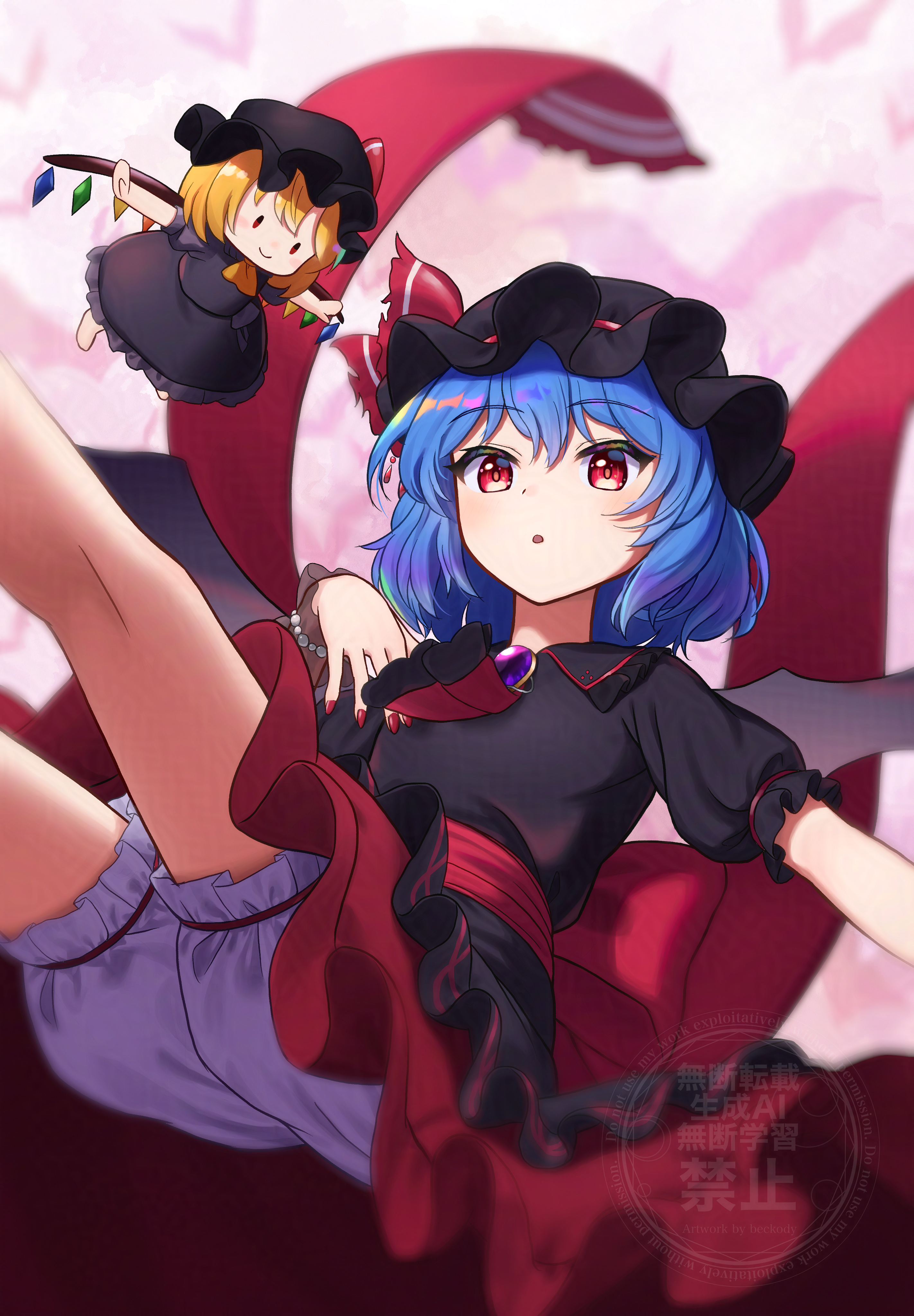 beckody, flandre scarlet, remilia scarlet, remilia scarlet (tiny devil mistress), touhou, touhou lostword, absurdres, commentary request, highres, 1girl, alternate color, alternate headwear color, ascot, bat (animal), bat wings, black hat, black shirt, black skirt, bloomers, blue hair, character doll, collared shirt, doll, hat, hat ribbon, looking at viewer, mob cap, open mouth, purple brooch, red ascot, red eyes, red nails, red ribbon, ribbon, shirt, skirt, solo, underwear, upskirt, watermark, white bloomers, wings, wrist cuffs
