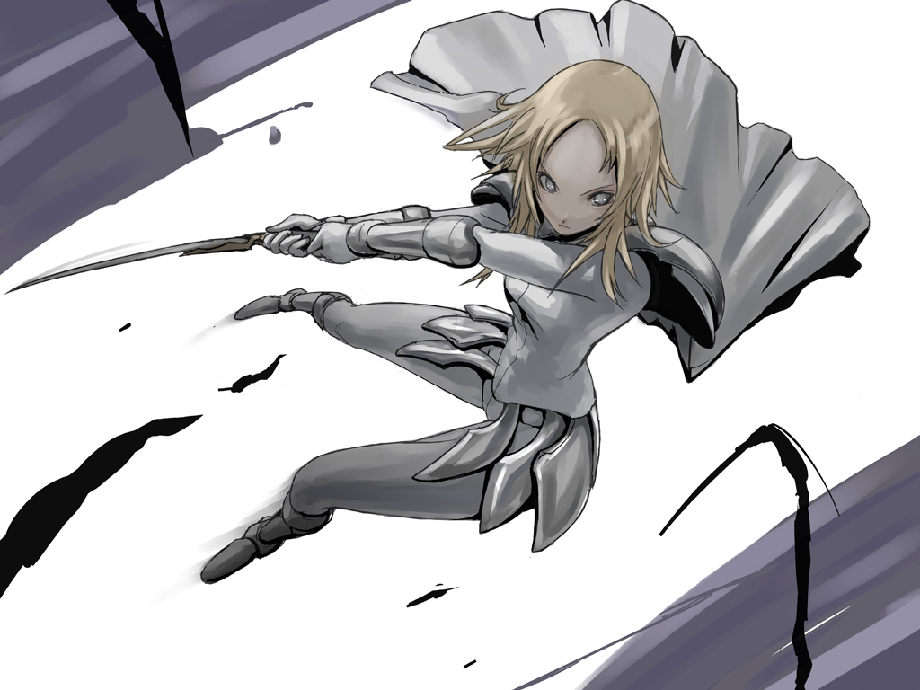 tea (nakenashi), miria, claymore (series), 00s, 1girl, armor, blonde hair, claymore (sword), female focus, solo, sword, weapon
