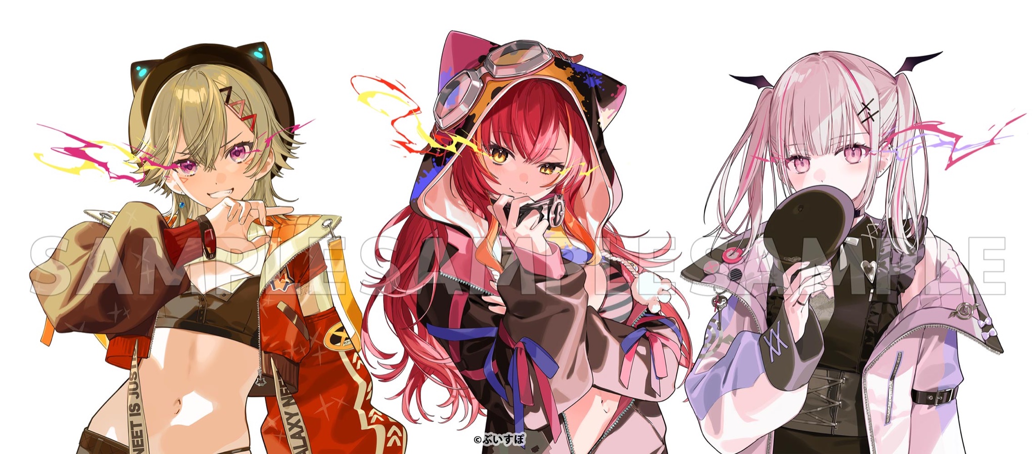 itefu, asumi sena, komori met, nekota tsuna, vspo!, highres, 3girls, black shirt, goggles, hair ornament, hat, headphones, headphones around neck, holding, hood, jacket, long hair, multicolored hair, multiple girls, navel, open clothes, open jacket, orange jacket, pink eyes, pink hair, red hair, sample watermark, shirt, short hair, smile, streaked hair, twintails, virtual youtuber, watermark, white jacket