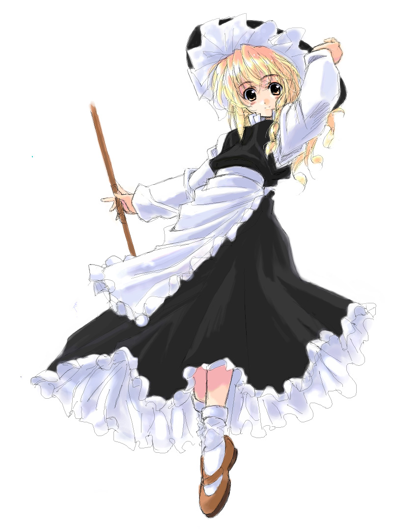 aokawa daisuke, kirisame marisa, touhou, eyebrows, 1girl, apron, arm up, black hat, black skirt, blonde hair, blush, braid, broom, brown shoes, closed mouth, female focus, frilled apron, frills, full body, hand on headwear, hat, holding, holding broom, long hair, long sleeves, looking at viewer, shirt, shoes, simple background, sketch, skirt, smile, socks, solo, waist apron, white apron, white background, white shirt, white socks, witch hat