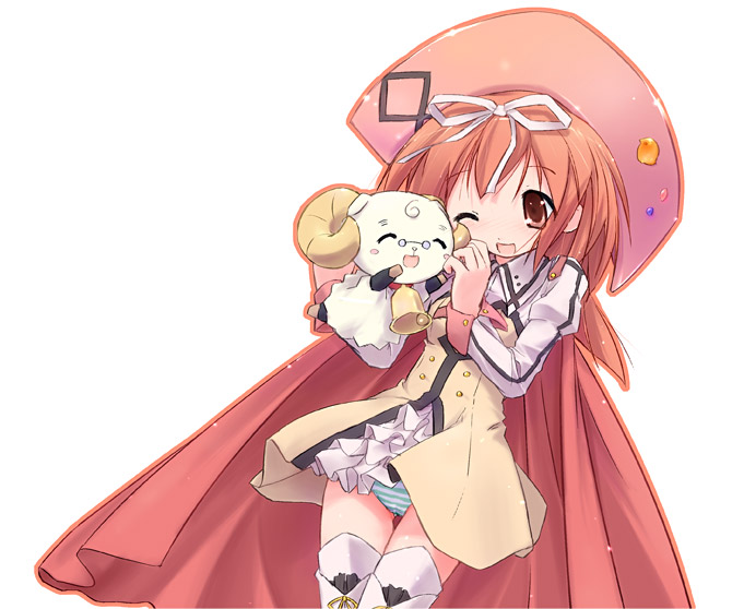 kuroba u, akihime sumomo, yuki-chan, nanatsuiro drops, 00s, 1girl, bell, blush, blush stickers, boots, bow, cloak, collar, female focus, frills, glasses, hair bow, hat, horns, neck bell, one eye closed, panties, red eyes, red hair, sheep, solo, striped clothes, striped panties, thigh boots, thighhighs, underwear