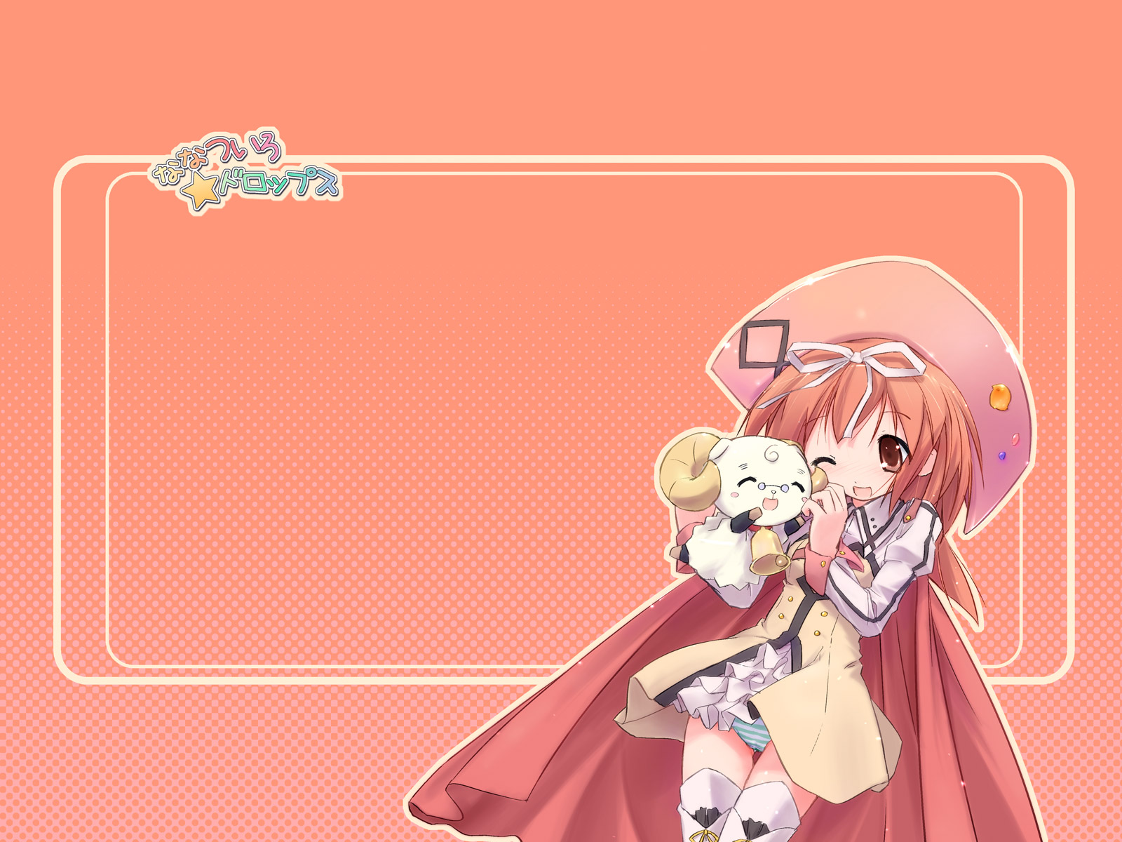 kuroba u, akihime sumomo, yuki-chan, nanatsuiro drops, highres, 00s, 1girl, ;d, ^ ^, beret, blush, boots, cape, closed eyes, cowboy shot, creature, female focus, hat, holding, horns, one eye closed, open mouth, orange background, panties, pantyshot, parted lips, red eyes, simple background, smile, solo, standing, striped clothes, striped panties, thigh boots, thighhighs, underwear, upskirt, white thighhighs, zettai ryouiki
