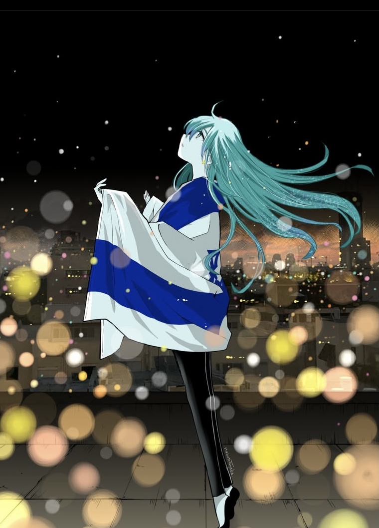 tanaka makoto, copyright request, non-web source, 1girl, black background, black jacket, blue eyes, blue hair, hexagram, israel, israel defense forces, israeli flag, jacket, solo, star of david