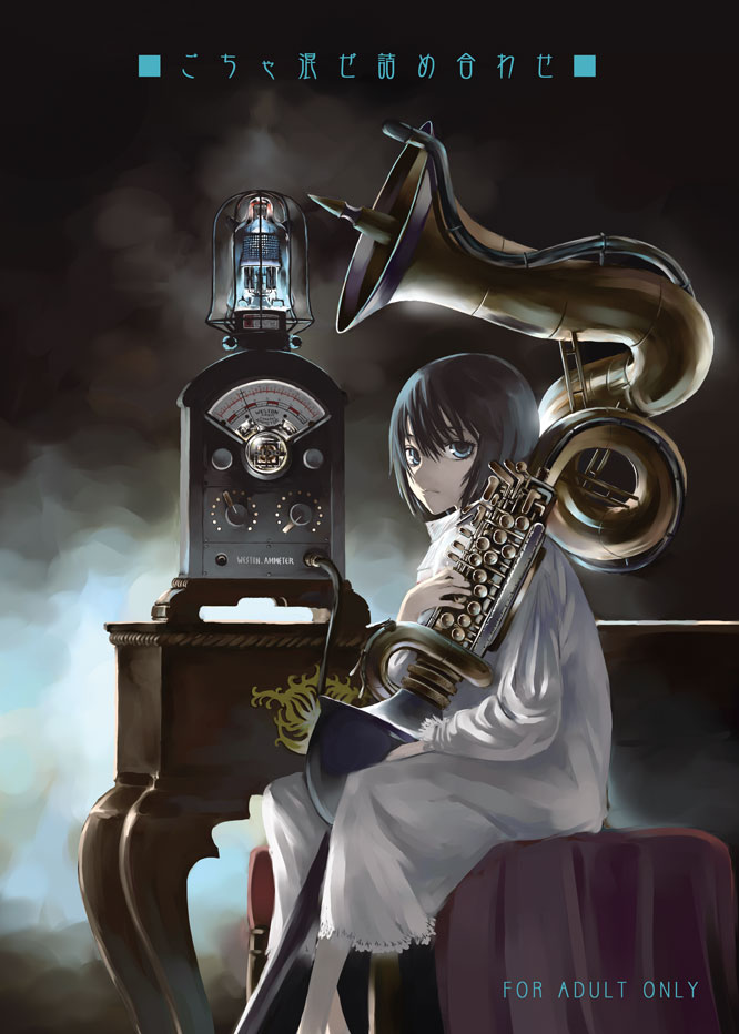 honjou raita, original, 1girl, black hair, blue eyes, bob cut, female focus, instrument, pale skin, radio, short hair, sitting, solo, table