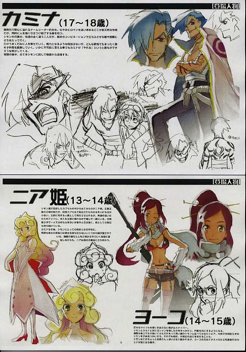 kamina (ttgl), nia teppelin, simon (ttgl), yoko littner, tengen toppa gurren lagann, concept art, 00s, 2girls, 3boys, blonde hair, blue hair, cape, crossed arms, curly hair, dress, hair ornament, hair stick, long dress, long hair, multiple boys, multiple girls, muscular, own hands together, pink dress, ponytail, production art, red hair, simple background, smirk, v arms, white background