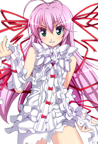 kanno, al azif (demonbane), demonbane, lowres, 00s, 1girl, bare shoulders, bow, bowtie, contrapposto, cowboy shot, detached sleeves, dress, female focus, long hair, looking at viewer, short sleeves, simple background, sleeveless, sleeveless dress, solo, standing, very long hair, white background, white bow, white bowtie, white dress