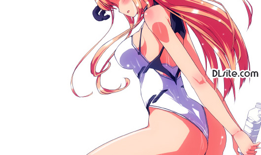 refeia, dille blood, dlsite.com, original, 1girl, ass, bottle, female focus, head out of frame, one-piece swimsuit, orange hair, solo, swimsuit, water bottle, watermark, wet