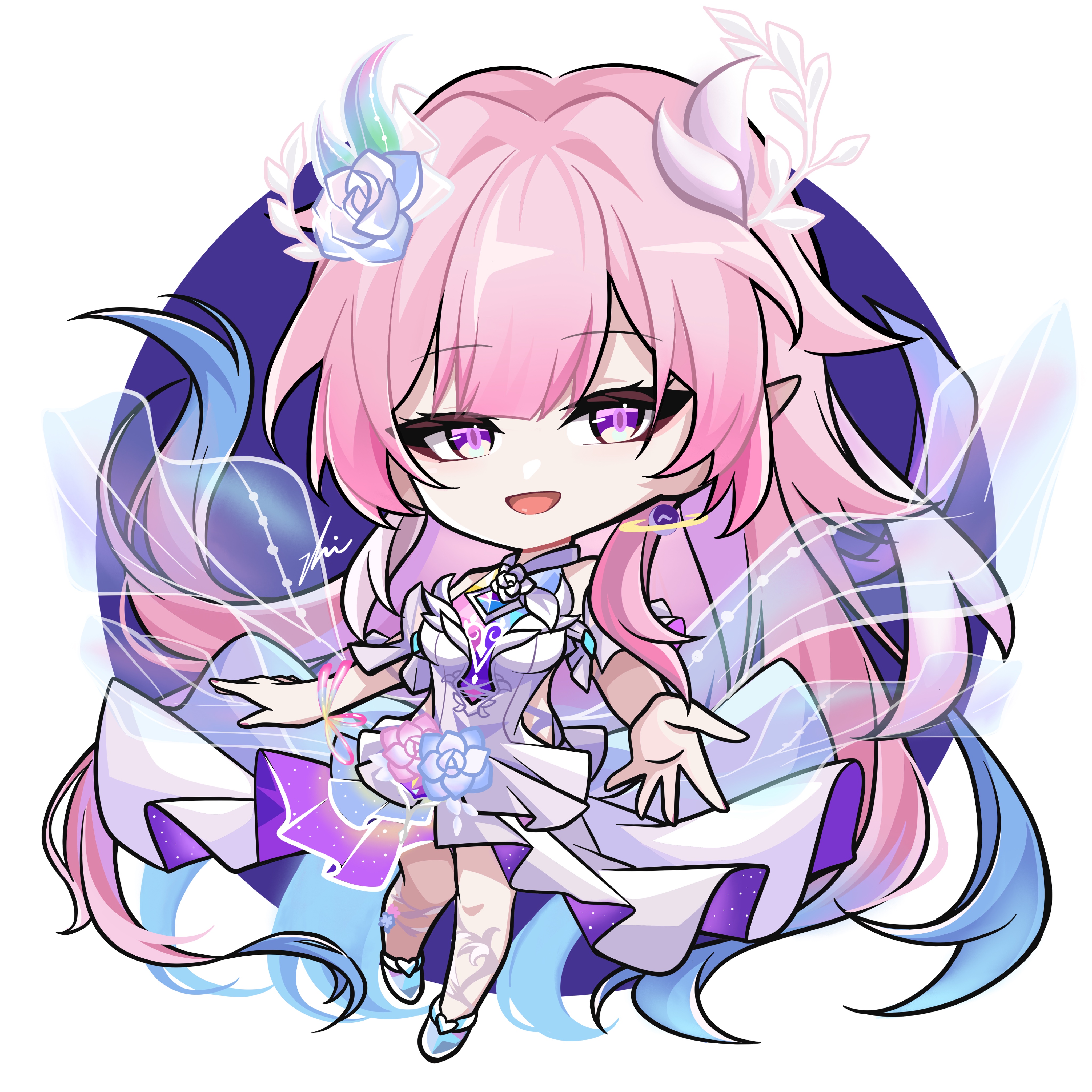 cyrene (honkai: star rail), cyrene (ripples of past reverie) (honkai: star rail), honkai: star rail, honkai (series), absurdres, hashtag-only commentary, highres, 1girl, blue hair, breasts, diamond-shaped pupils, diamond (shape), dress, earrings, flower, hair flower, hair ornament, halo, jewelry, long hair, looking at viewer, oval background, parted lips, pink hair, pointy ears, purple eyes, smile, solo, symbol-shaped pupils, very long hair, white background, white dress, zhi zhi (zhizhi0921)