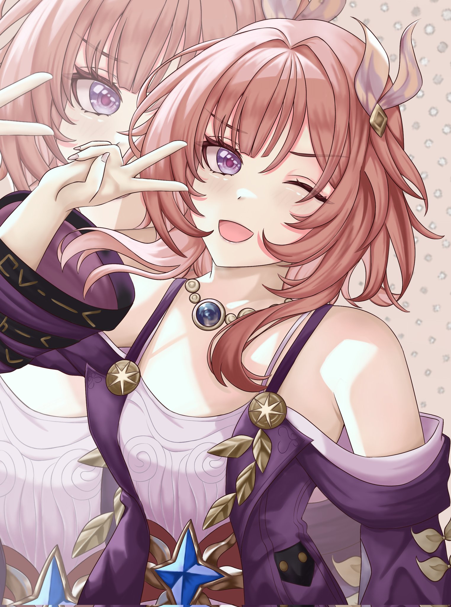 cyrene (honkai: star rail), honkai: star rail, honkai (series), commentary, corrupted twitter file, english commentary, highres, 1girl, ;o, bare shoulders, blue eyes, breasts, clyriie, coat, cyrene (aedes elysiae) (honkai: star rail), dress, looking at viewer, one eye closed, pink hair, purple coat, short hair, small breasts, solo, v, v over eye, white dress, zoom layer