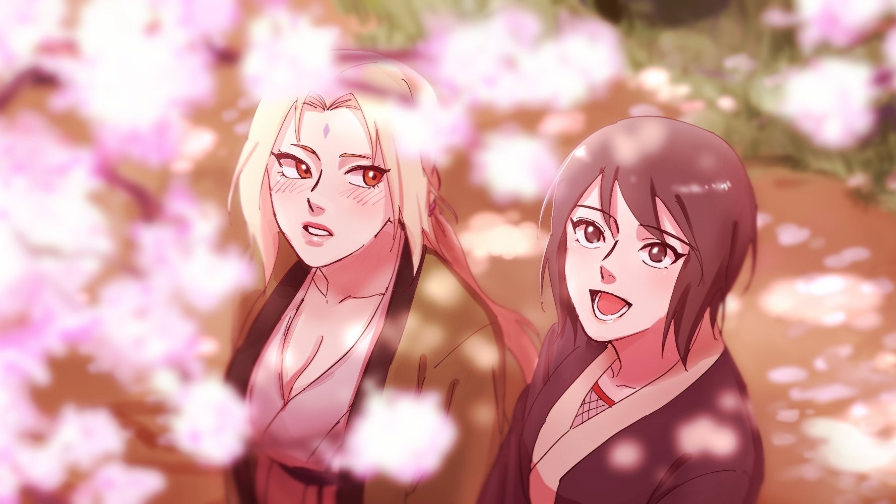 may c, shizune (naruto), tsunade (naruto), naruto (series), commentary, highres, symbol-only commentary, 2girls, black eyes, black hair, blonde hair, blurry, blurry foreground, blush, breasts, brown eyes, cherry blossoms, cleavage, facial mark, forehead mark, large breasts, multiple girls, open mouth, parted lips, ponytail, short hair, smile