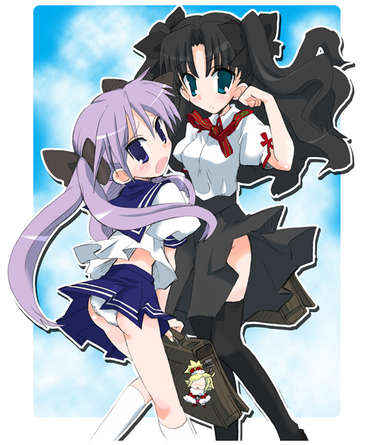 hizuki yayoi, hiiragi kagami, tohsaka rin, fate/stay night, fate (series), lucky star, 00s, 2girls, crossover, homurabara academy school uniform, multiple girls, panties, pantyshot, school uniform, serafuku, thighhighs, trait connection, twintails, two side up, underwear, wind, wind lift, zettai ryouiki