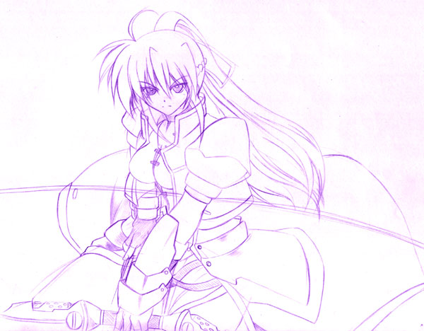 kagura yuuto, laevatein (nanoha), signum, lyrical nanoha, mahou shoujo lyrical nanoha, mahou shoujo lyrical nanoha strikers, 00s, 1girl, bow (weapon), female focus, fingerless gloves, gloves, magical girl, monochrome, ponytail, purple theme, sketch, solo, waist cape, weapon