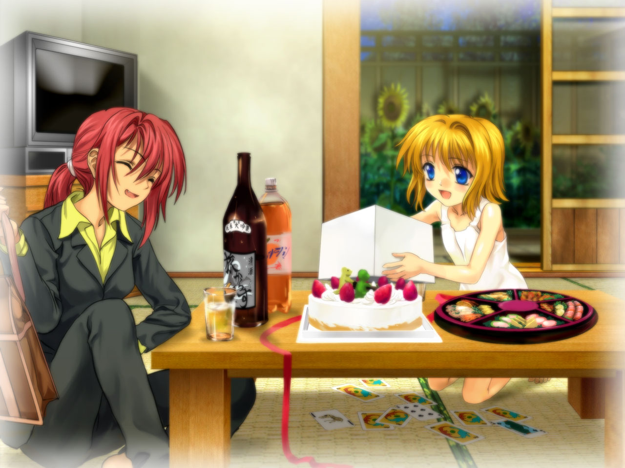 mutsuki (moonknives), kamio haruko, kamio misuzu, air (visual novel), key (company), 00s, 2girls, bag, blonde hair, blue eyes, bottle, cake, card, chabudai (table), closed eyes, fang, flower, food, fruit, glass, kneeling, long hair, multiple girls, open mouth, pastry, playing card, ponytail, red hair, sake bottle, sitting, sliding doors, soda bottle, strawberry, sunflower, table, television