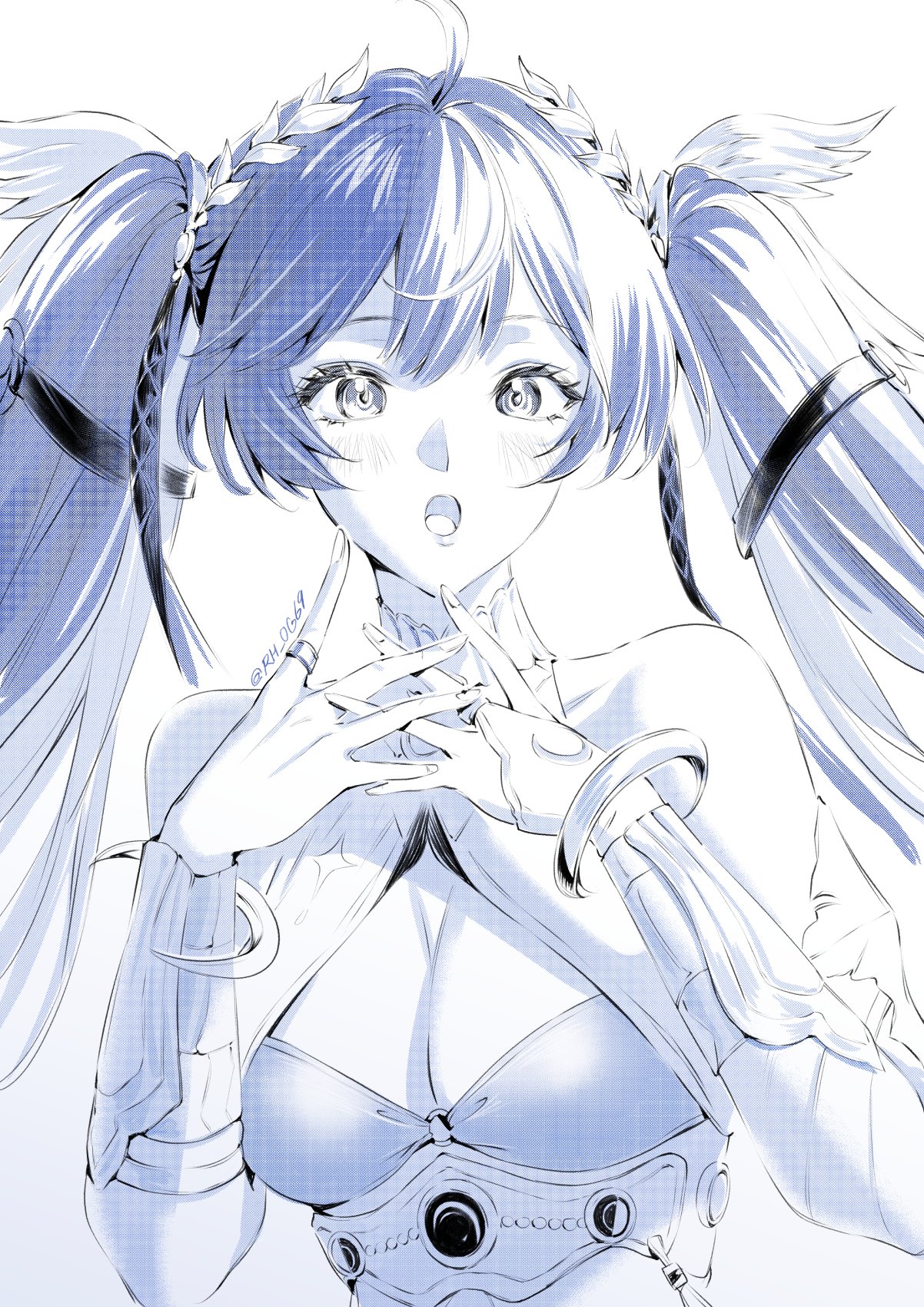 rh og69, iuno (wuthering waves), wuthering waves, commentary, english commentary, highres, 1girl, ahoge, bare shoulders, bra, breasts, cleavage, fingernails, hair belt, hands up, head wreath, jewelry, light blush, long hair, looking at viewer, medium breasts, open mouth, ring, simple background, solo, twintails, twitter username, underwear, upper body, white background