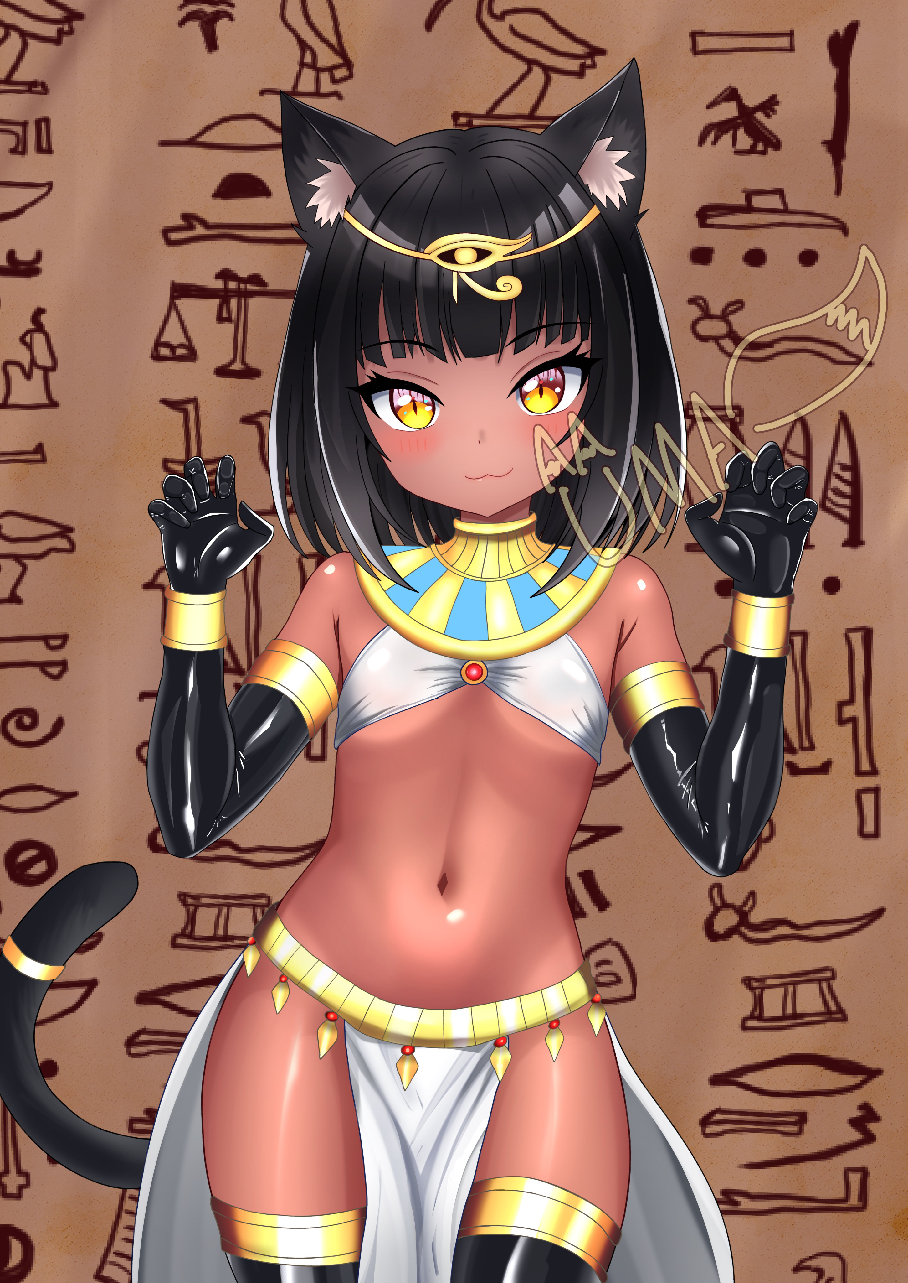 uma (uma mohumohu), original, gold armlet, absurdres, highres, 1girl, :3, ancient egyptian, animal ears, artist name, black hair, black thighhighs, bracelet, cat ears, cat girl, cat tail, claw pose, dark-skinned female, dark skin, eye of horus, faux egyptian, gloves, gold belt, gold bracelet, gold hairband, gold thighlet, hairband, jewelry, latex, latex gloves, latex thighhighs, navel, pelvic curtain, short hair, sling bikini top, smile, stomach, tail, thighhighs, usekh collar, yellow eyes