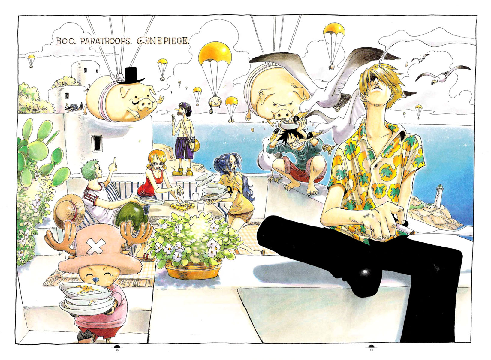 oda eiichirou, karoo (one piece), monkey d. luffy, nami (one piece), nefertari vivi, roronoa zoro, sanji (one piece), tony tony chopper, usopp, one piece, bad tag, highres, official art, 00s, 2002, 2girls, 5boys, antlers, bird, black hair, black pants, blonde hair, blue hair, border, cactus, cigarette, cloud, color spread, copyright name, cover, cover page, duck, earrings, eating, everyone, facial hair, flower pot, flying, fuzzy hat, glasses, goggles, goggles on head, green hair, hair over one eye, hat, horns, jewelry, lighthouse, long hair, long nose, multiple boys, multiple girls, mustache, ocean, orange hair, outdoors, pants, parachute, pig, pink hat, pirate, plant, plate, ponytail, potted plant, reindeer, sandals, scar, scenery, seagull, shorts, sky, smoking, straw hat, table, top hat, topless female, twintails, x (symbol)