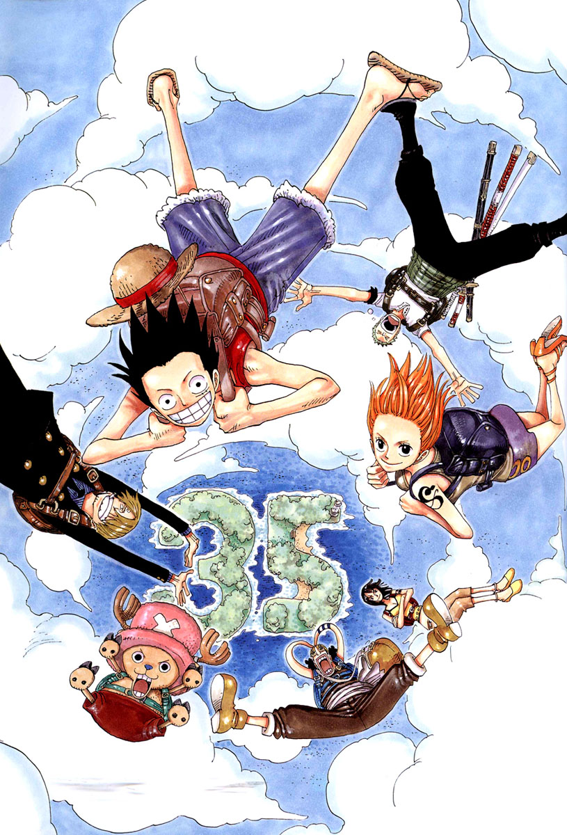 oda eiichirou, monkey d. luffy, nami (one piece), nico robin, roronoa zoro, sanji (one piece), tony tony chopper, usopp, one piece, highres, official art, 2girls, 5boys, antlers, backpack, bag, bandana, black hair, blonde hair, boots, breasts, cigarette, cleavage, cloud, crossed arms, day, falling, formal clothes, goggles, green hair, grin, hair over one eye, happy, haramaki, hat, horns, island, katana, medium breasts, multiple boys, multiple girls, multiple swords, necktie, ocean, orange hair, overalls, parachute, pink hat, randoseru, reindeer, sandai kitetsu, sandals, sash, scar, skirt, sky, sleeping, smile, smoking, spread legs, straw hat, suit, sword, tattoo, top hat, vest, wado ichimonji, weapon, yubashiri