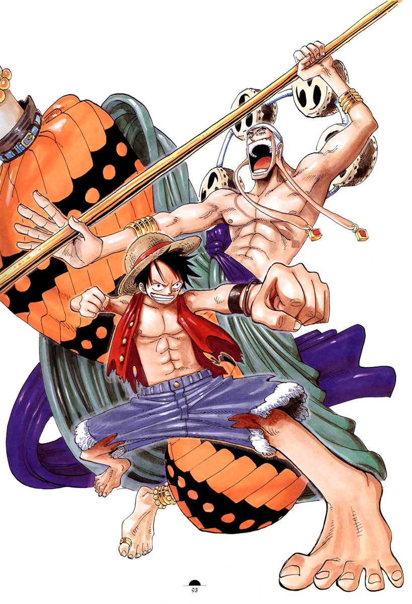 oda eiichirou, enel, monkey d. luffy, one piece, highres, official art, 2boys, abs, anklet, bandana, bangle, barefoot, black hair, blonde hair, bracelet, devil fruit, earrings, fighting, fighting stance, full body, hat, jewelry, long earlobes, male focus, manly, mitsudomoe (shape), multiple boys, muscular, open clothes, open mouth, open vest, pirate, pole, scar, simple background, straw hat, teeth, toe ring, toes, tomoe (symbol), topless male, torn clothes, vest, weapon, white background