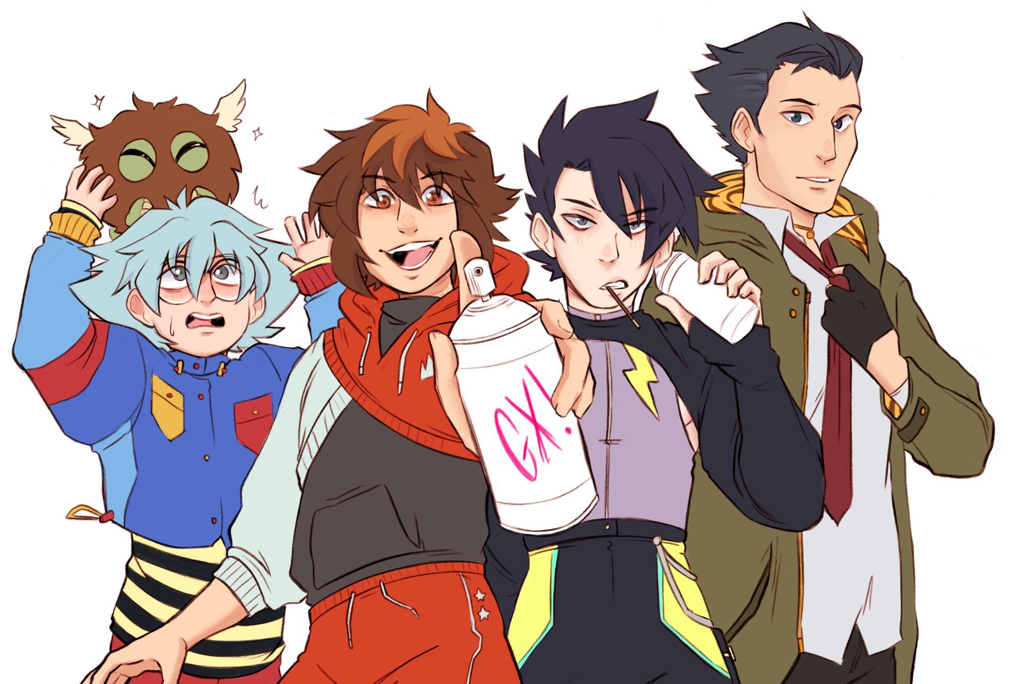karina farek, manjoume jun, marufuji sho, misawa daichi, winged kuriboh, yuki judai, yu-gi-oh!, yu-gi-oh! gx, highres, alternate costume, duel monster, glasses, hair slicked back, necktie, open mouth, pants, red necktie, simple background, smile, spray paint, sweatpants, white background