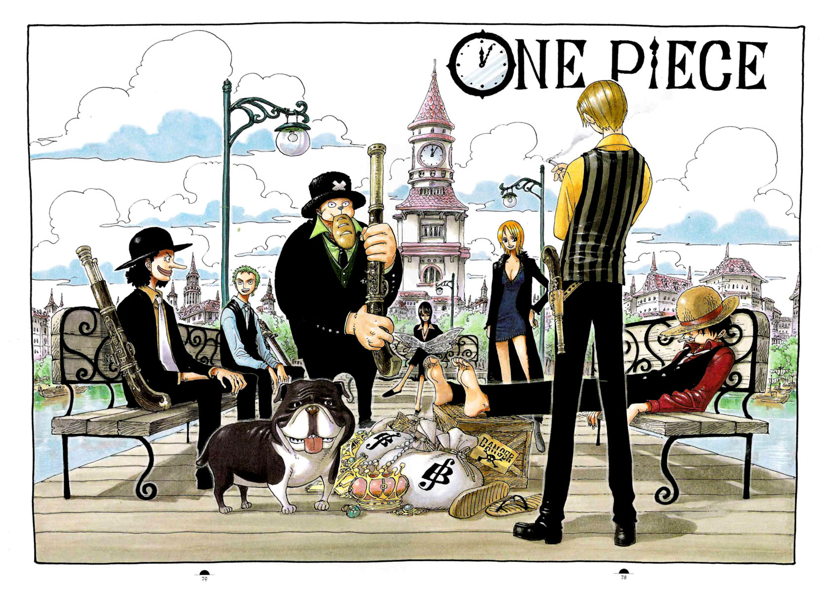 oda eiichirou, monkey d. luffy, nami (one piece), nico robin, roronoa zoro, sanji (one piece), tony tony chopper, usopp, one piece, bad tag, black footwear, striped, highres, official art, 00s, 2003, 2girls, 5boys, barefoot, black pants, blonde hair, boots, border, bowler hat, clock, clock tower, color spread, copyright name, cover, cover page, crown, devil fruit, dog, dress, earrings, everyone, formal clothes, gem, green hair, gun, hat, hat over eyes, jacket, jewelry, lamp, lamppost, long coat, multiple boys, multiple girls, necktie, orange hair, outdoors, pant suit, pants, pier, pirate, reading, red shirt, sandals, scenery, shirt, shoes, sitting, skull and crossbones, smoking, standing, straw hat, suit, tower, treasure, vest, waistcoat, weapon, x-(symbol), yellow shirt