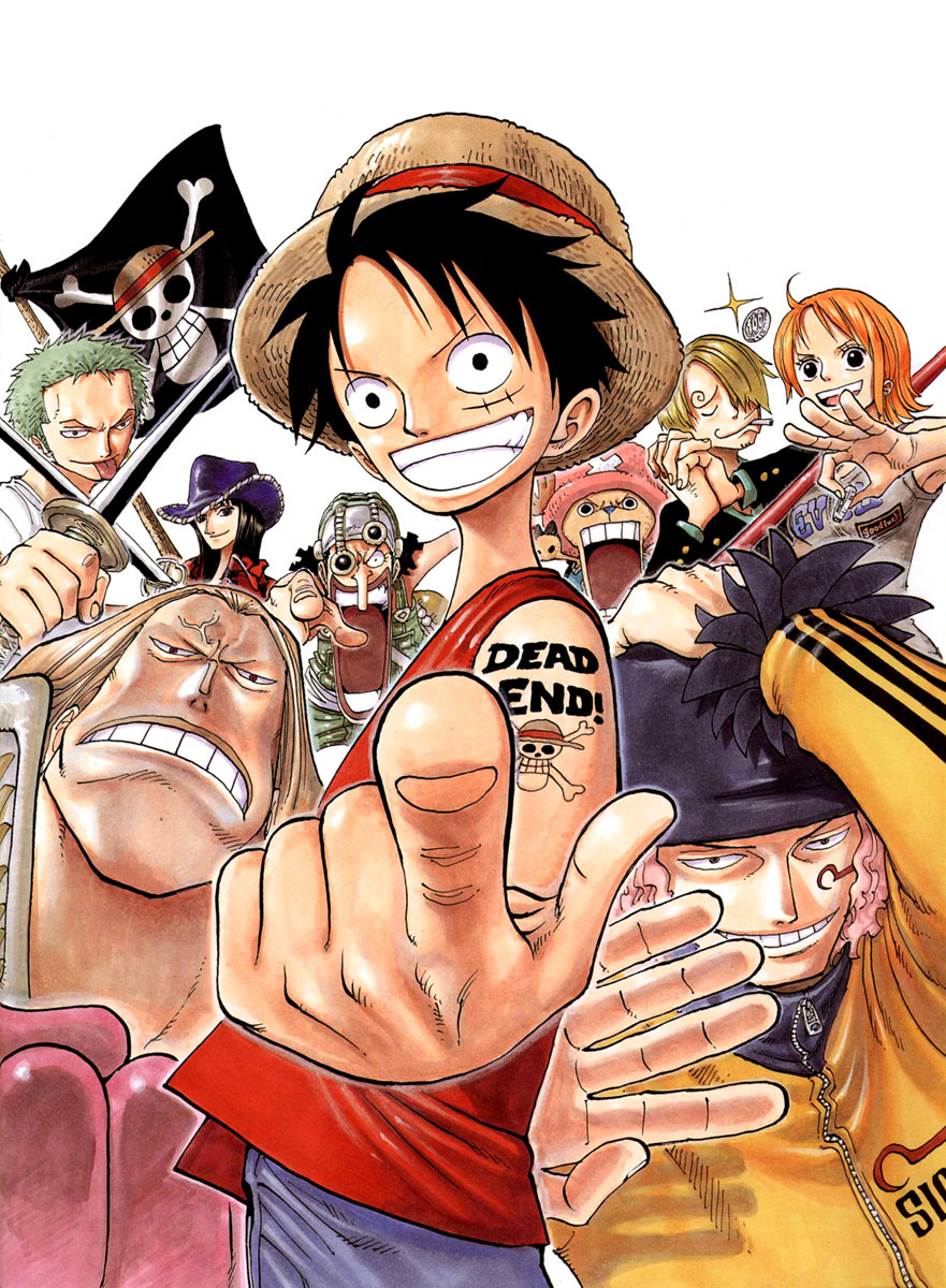 oda eiichirou, gasparde (one piece), monkey d. luffy, nami (one piece), nico robin, roronoa zoro, sanji (one piece), shuraiya bascud, tony tony chopper, usopp, one piece, one piece: dead end adventure, bad tag, highres, official art, 2girls, 6+boys, angry, antlers, black hair, blonde hair, cigarette, clima-tact, clothes writing, cowboy hat, facial mark, facial tattoo, fighting, fighting stance, flag, foreshortening, goggles, green hair, hair over one eye, hat, horns, jolly roger, licking, licking blade, licking weapon, movie promo, multiple boys, multiple girls, multiple swords, orange hair, pink hair, pirate, purple hat, reindeer, sandai kitetsu, scar, short hair, smile, smoking, straw hat, straw hats jolly roger, sword, tattoo, teeth, vest, wado ichimonji, weapon, white background