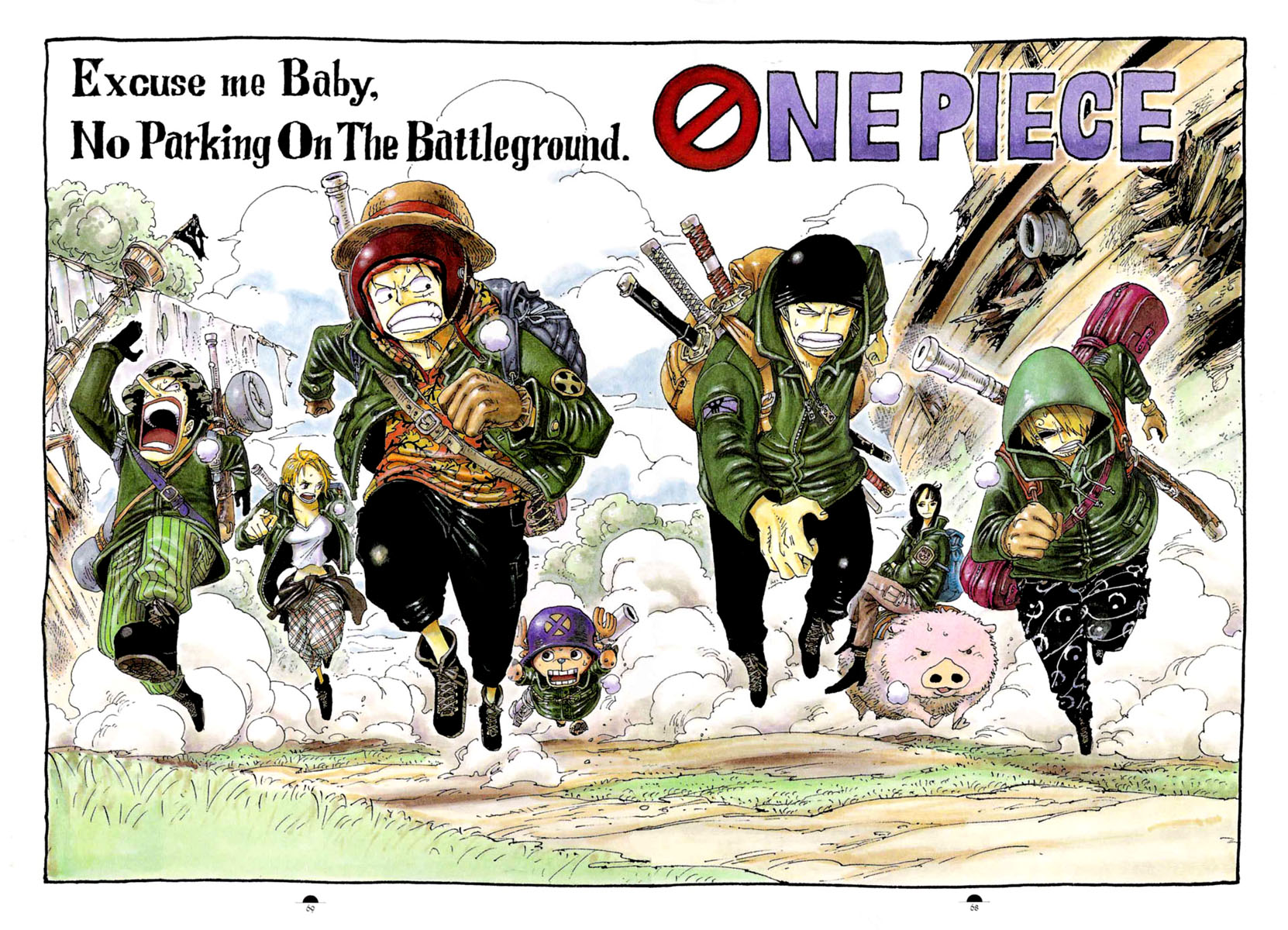 oda eiichirou, monkey d. luffy, nami (one piece), nico robin, roronoa zoro, sanji (one piece), tony tony chopper, usopp, one piece, uniform, highres, official art, 00s, 2002, 2girls, 4boys, backpack, bag, bandana, black hair, blonde hair, blunt bangs, boots, border, brown hair, cannon, cigarette, cloud, color spread, copyright name, cover, cover page, english text, flying sweatdrops, full body, gun, hair over one eye, hat, helmet, holding, holding behind back, hood, hoodie, jacket, katana, long sleeves, looking at viewer, multiple boys, multiple girls, multiple swords, ninja, no symbol, open mouth, orange hair, outdoors, pants, plaid clothes, plaid pants, reindeer, riding, running, running towards viewer, sandai kitetsu, sheath, sheathed, ship, short hair, sign, sitting, smoking, striped clothes, striped pants, sword, text focus, wado ichimonji, watercraft, weapon, yubashiri