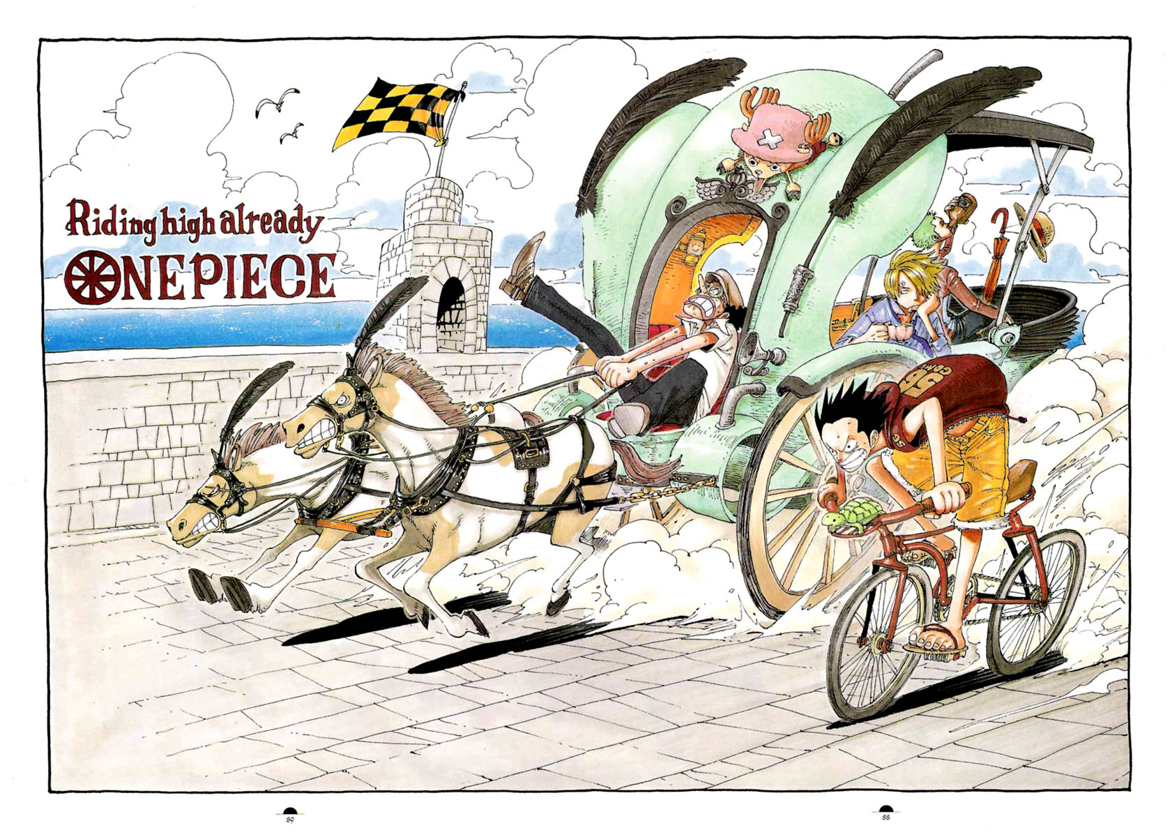 oda eiichirou, monkey d. luffy, roronoa zoro, sanji (one piece), tony tony chopper, usopp, one piece, highres, official art, 00s, 2003, 4boys, bicycle, bird, black hair, blonde hair, border, carriage, cloud, color spread, copyright name, cover, cover page, creature, drinking, flag, goggles, green hair, hair over one eye, hat, hood, hoodie, horse, male focus, motion lines, multiple boys, necktie, ocean, outdoors, pink hat, racing, reindeer, riding, seagull, shorts, sitting, sleeveless, smoke, speed lines, straw hat, turtle, umbrella, unworn hat, unworn headwear, unzipped, wheel, x (symbol), yellow shorts, zipper
