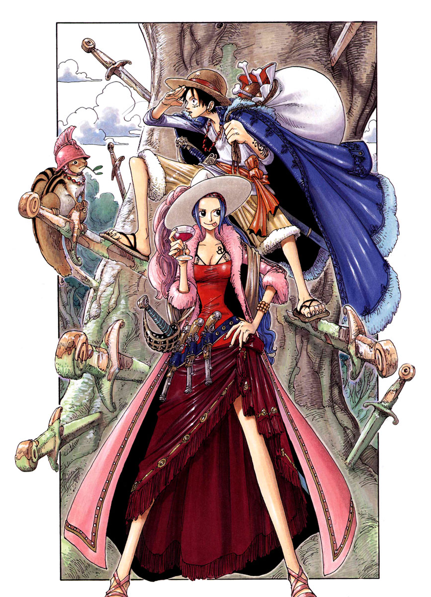 oda eiichirou, monkey d. luffy, nefertari vivi, one piece, highres, official art, 1boy, 1girl, alcohol, antique firearm, bag, black hair, blue hair, breasts, cleavage, cover, cover page, cup, dress, drinking glass, firelock, flintlock, food, fur trim, glass, gun, handgun, hat, hat feather, helmet, jacket, large breasts, long hair, long legs, pirate, pistol, sandals, sash, scar, sheath, sheathed, sword, tattoo, tongue, tree, weapon, wine, wine glass