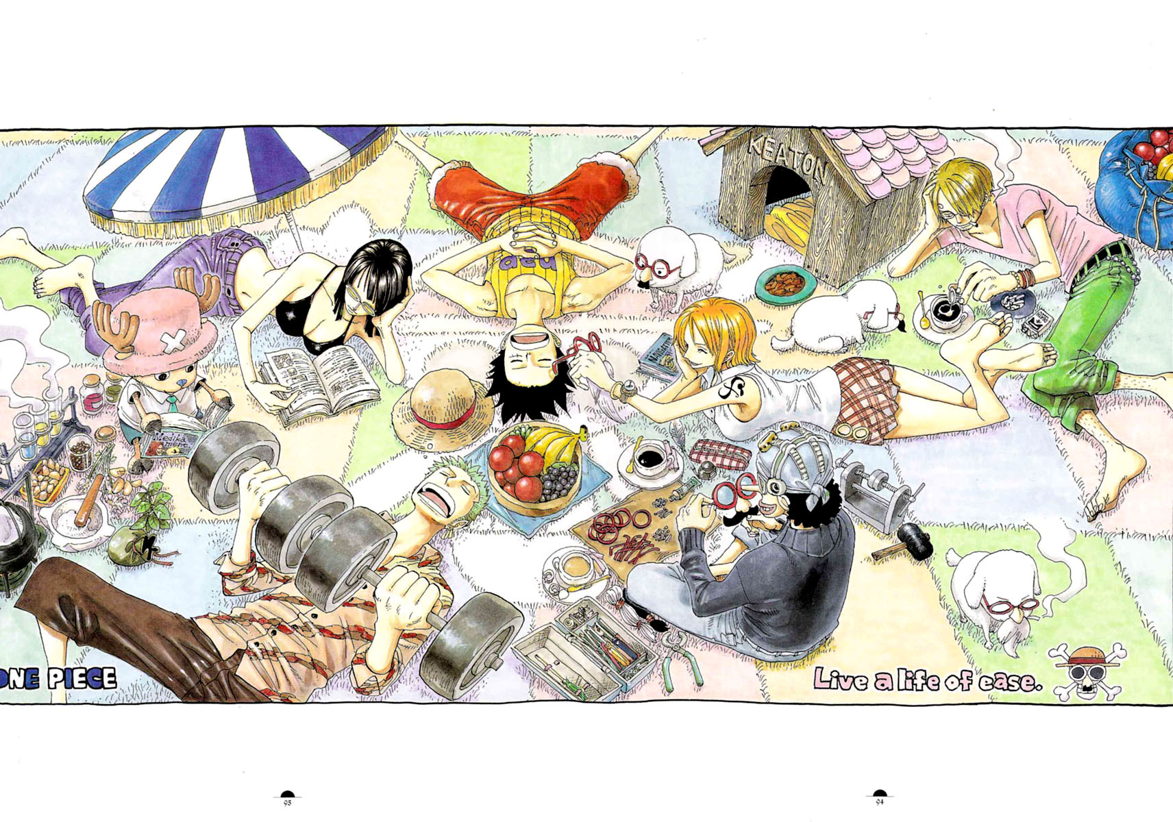 oda eiichirou, monkey d. luffy, nami (one piece), nico robin, roronoa zoro, sanji (one piece), tony tony chopper, usopp, one piece, bad tag, highres, official art, 00s, 2003, 2girls, 4boys, arms up, bare shoulders, barefoot, bikini, black hair, blanket, blonde hair, book, border, bracelet, breasts, building, cleavage, closed eyes, coffee, coffee mug, collarbone, collared shirt, color spread, copyright name, cover, cover page, cup, denim, dog, doghouse, drinking, dumbbell, english text, everyone, exercising, facial hair, fake facial hair, fake mustache, feet, food, fruit, full body, glasses, goggles, goggles on head, green hair, green pants, hammer, hat, house, jeans, jewelry, jolly roger, large breasts, lying, medicine, mug, multiple boys, multiple girls, mustache, on stomach, open book, orange hair, pants, pink hat, pink shirt, pirate, plaid clothes, plaid skirt, purple pants, reading, reindeer, shirt, short hair, skirt, skull and crossbones, sleeping, sleeveless, smoking, straw hat, swimsuit, t-shirt, tank top, tattoo, towel, umbrella, vial, weightlifting, weights, white shirt, x (symbol)